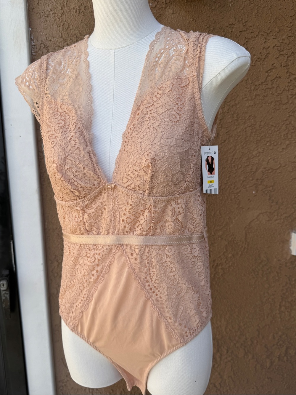 sophie b. Lace Plunge Bodysuit in Peach Nude